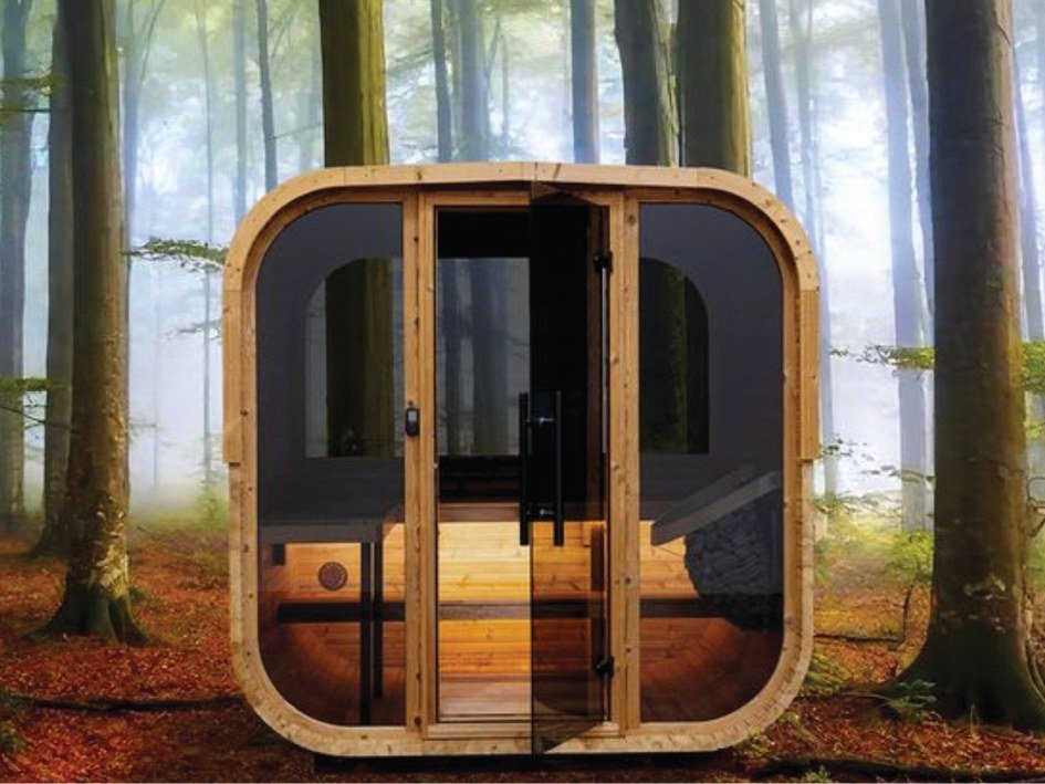 Aquilus Piscines & Spas — Le sauna extérieur Forest, en pin thermotraité, se distingue par ses lignes épurées et son