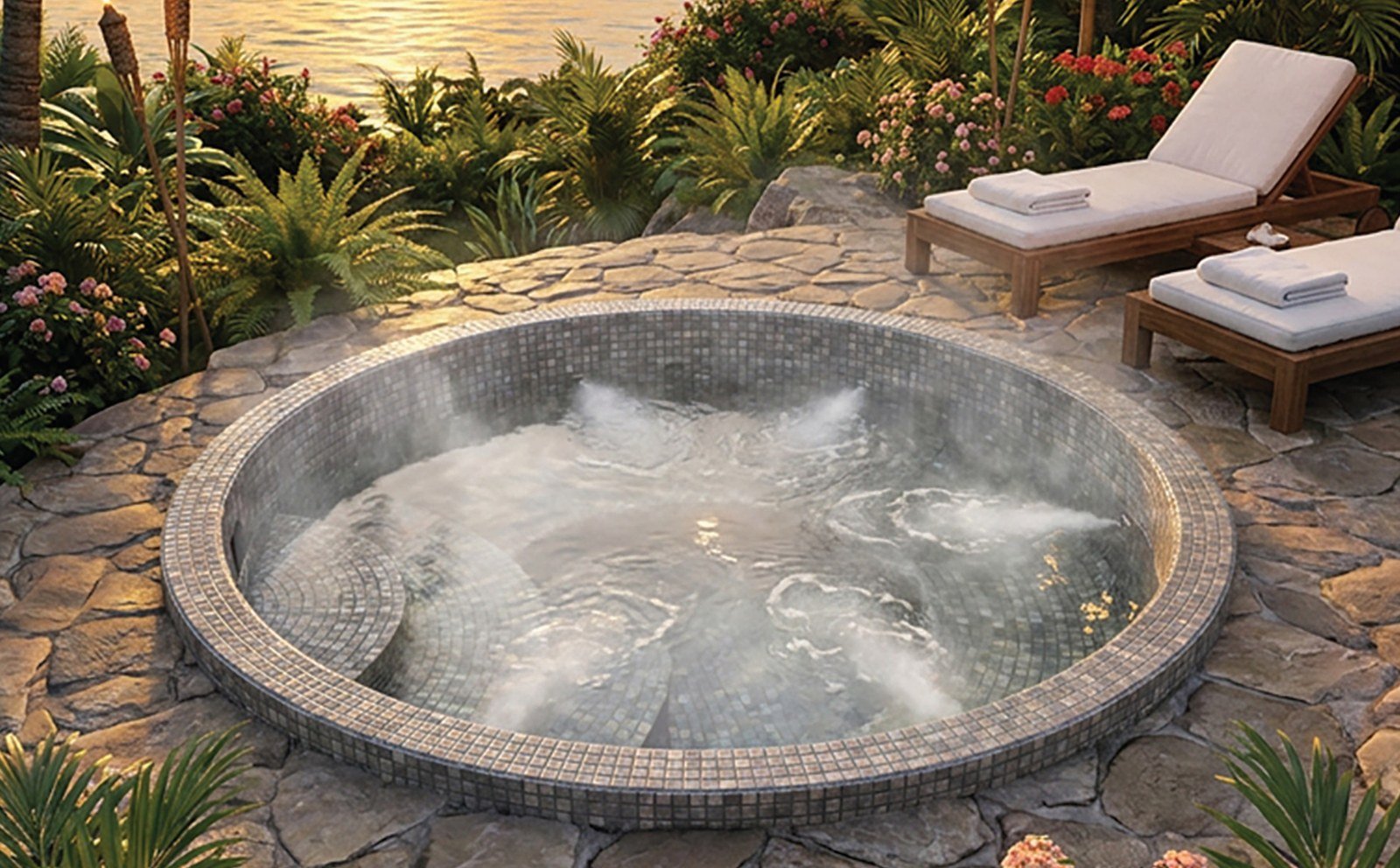 Blue Lagoon Spas — Le Mosaïco 906 Skimmer est un spa mosaïque 6 places, alliant détente et design. Doté de 38