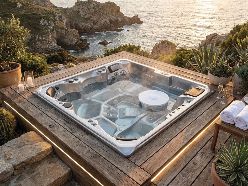 Blue Lagoon Spas — Le spa Oasis est un modèle haut de gamme de 5 places, dont 2 allongées. Il intègre 70 jets